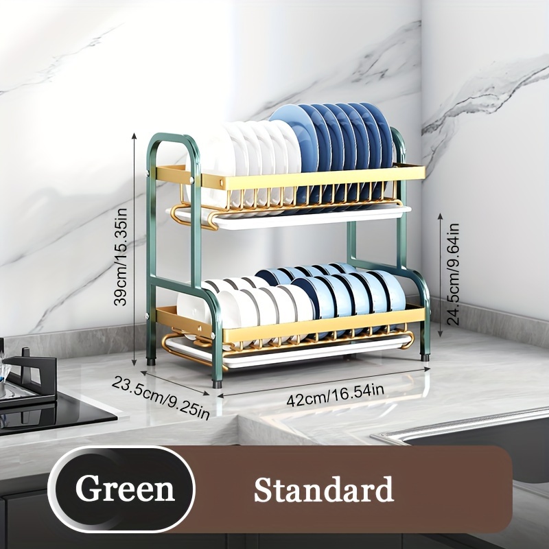 Estante de secado de platos de 2 niveles con soporte para utensilios, estantes ajustables, organizador de cocina que ahorra espacio, sistema de drenaje, gabinete de almacenamiento: Negro