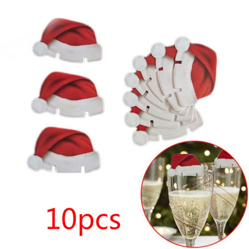 Mode 10Pcs Kerst Hoeden Champagne Wijnglas Caps Kerst Party Decorations Wijn Glas Seizoensgebonden Party