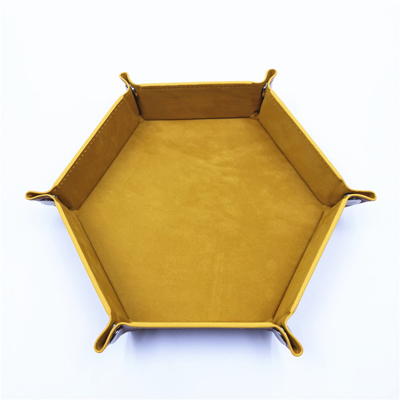 Hexagone pliable plateaux de rangement en cuir PU velours dés plateau bureau clé portefeuille boîte de rangement de pièces divers plateau 18*18cm: Yellow