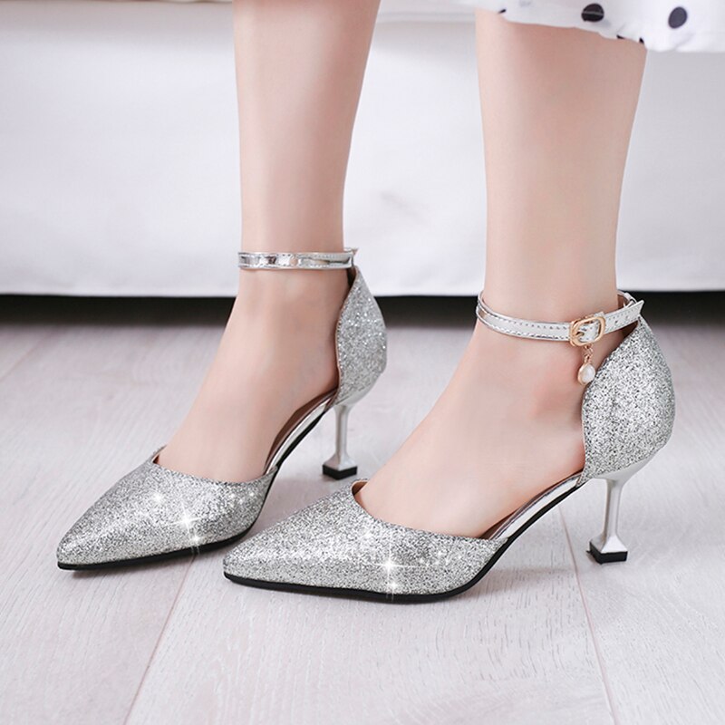 Plus size 43 kvinnor bröllopsskor guldklackar ankelrem pumps höga klackar silver brudskor kvinna bling klänning skor 7729