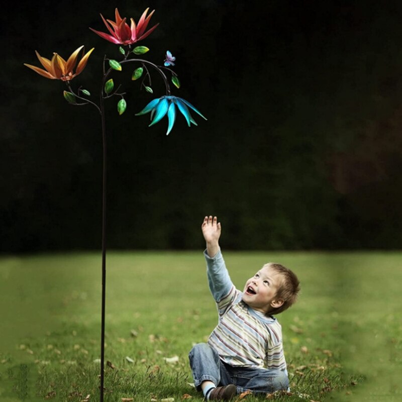 67JB Large Metal Wind Spinner with Three Spinning Flowers Butterflies Windmill Wind Sculpture for Outdoor Garden Art Decor