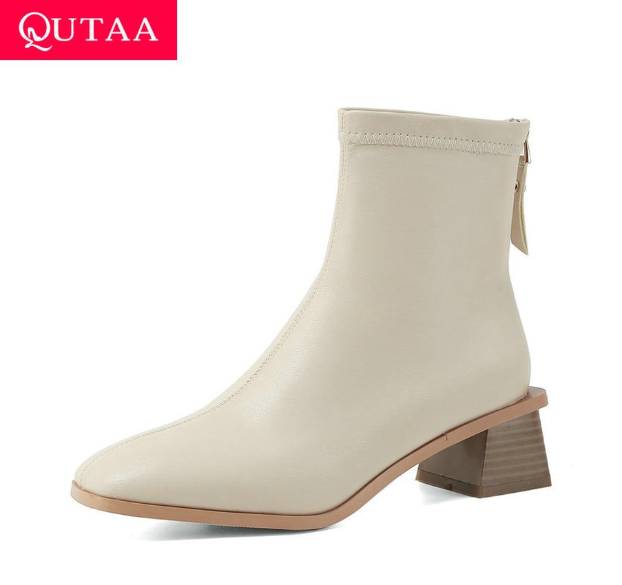 Qutaa herfst winter enkellaarsjes vierkante hak rits damesschoenen vierkante neus pu leer beknopte korte laarzen grote maat 34-43