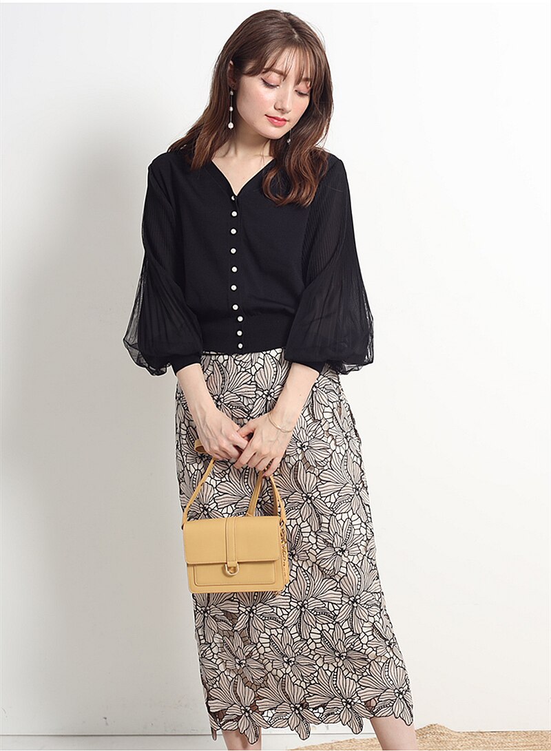 Blusa de gasa con manga abombada y cuello en V, producto de primavera: Negro