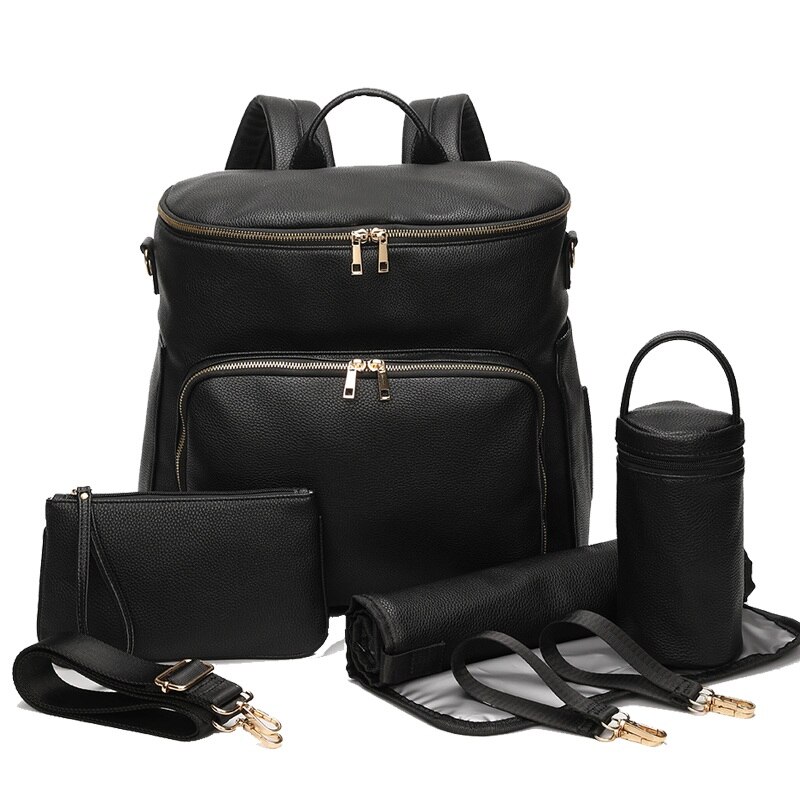 Læder bleetaske rygsæk, rejsetaske, bleetaske med klapbøjle | termiske lommer | justerbare skulderstropper |: Sort