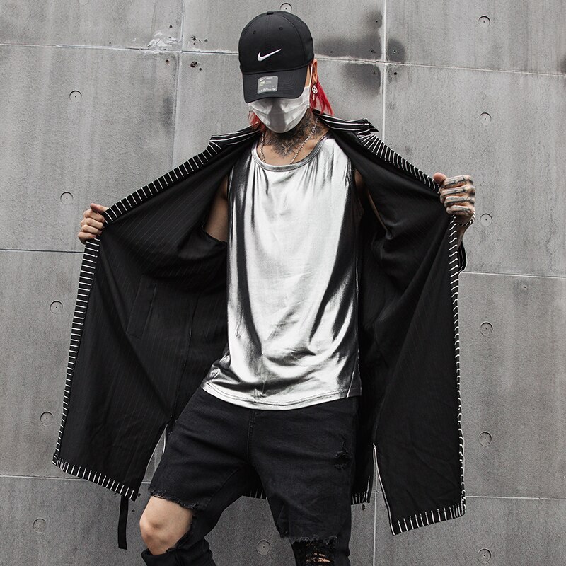 Hip hop Men Extra long Striped shirt long sleeve Black and white Spring Summer