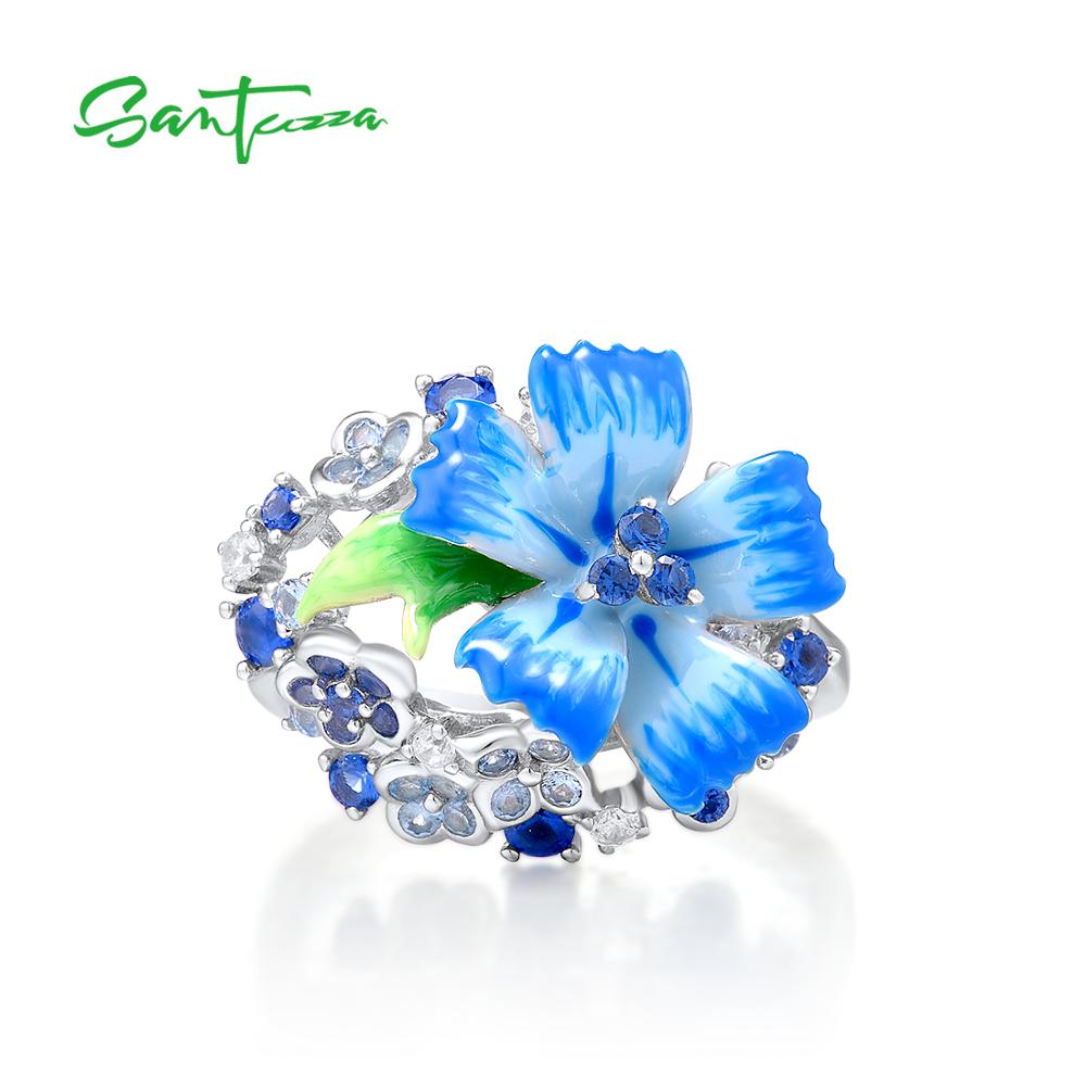 SANTUZZA Silber Ringe Für Frauen Echtes 925 Sterling Silber empfindlich Blau Blume modisch Feine Schmuck Handgemachte Emaille