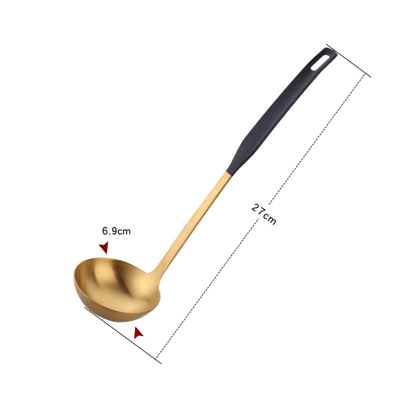 304 Stainless Steel Home Pot Soup Spoon Colander Tableware Long Handle Cooking Utensils Porridge Mixing Spoons Kitchen Ladle: 27cm Black Spoon