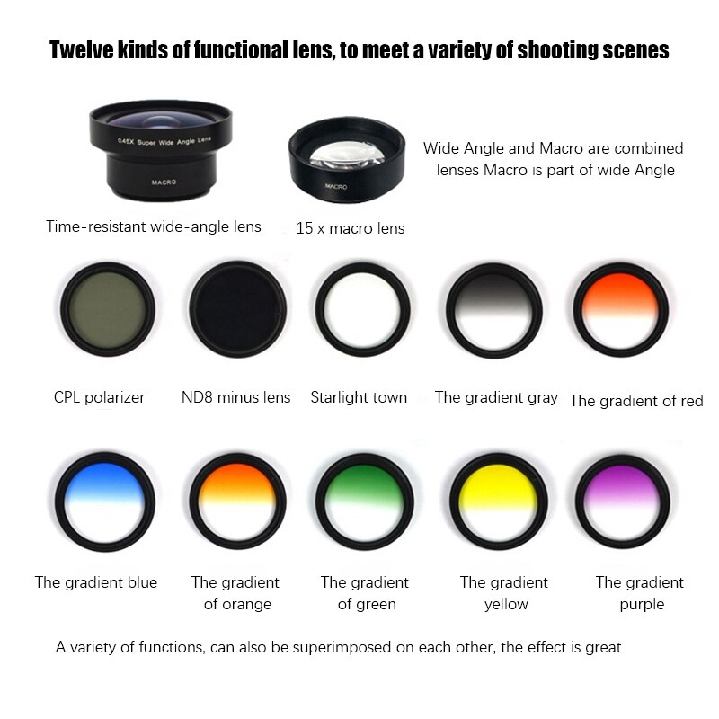 12-- in- -1- handyobjektivset, verzerrungsfrei, weitwinkel, makro, cpl-polarisationsfilter, lichtreduzierung, verlaufsfilter, für spiegelreflexkameras
