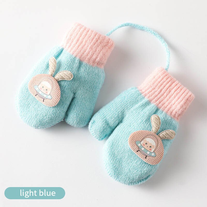 Guantes gruesos y cálidos para bebé, manoplas de punto suave con dibujos animados, cuerda para niño de 1 a 5 años: light green