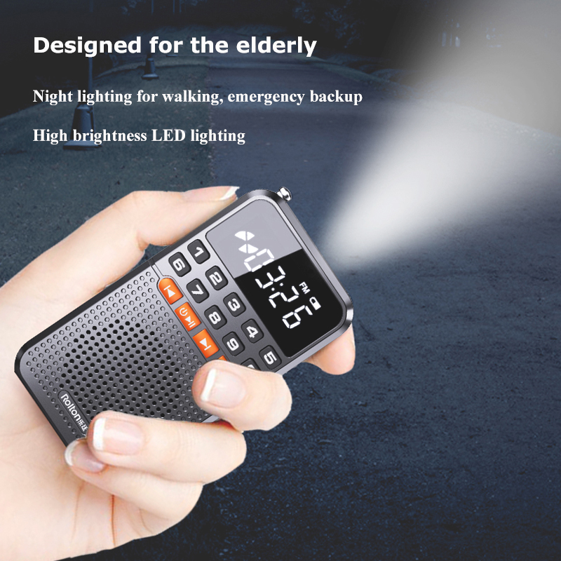 Mini przenośne Radio Bluetooth 5.0 FM podwójna antena kieszonkowy odbiornik radiowy karta TF do głośnika odtwarzacz muzyki z latarką LED