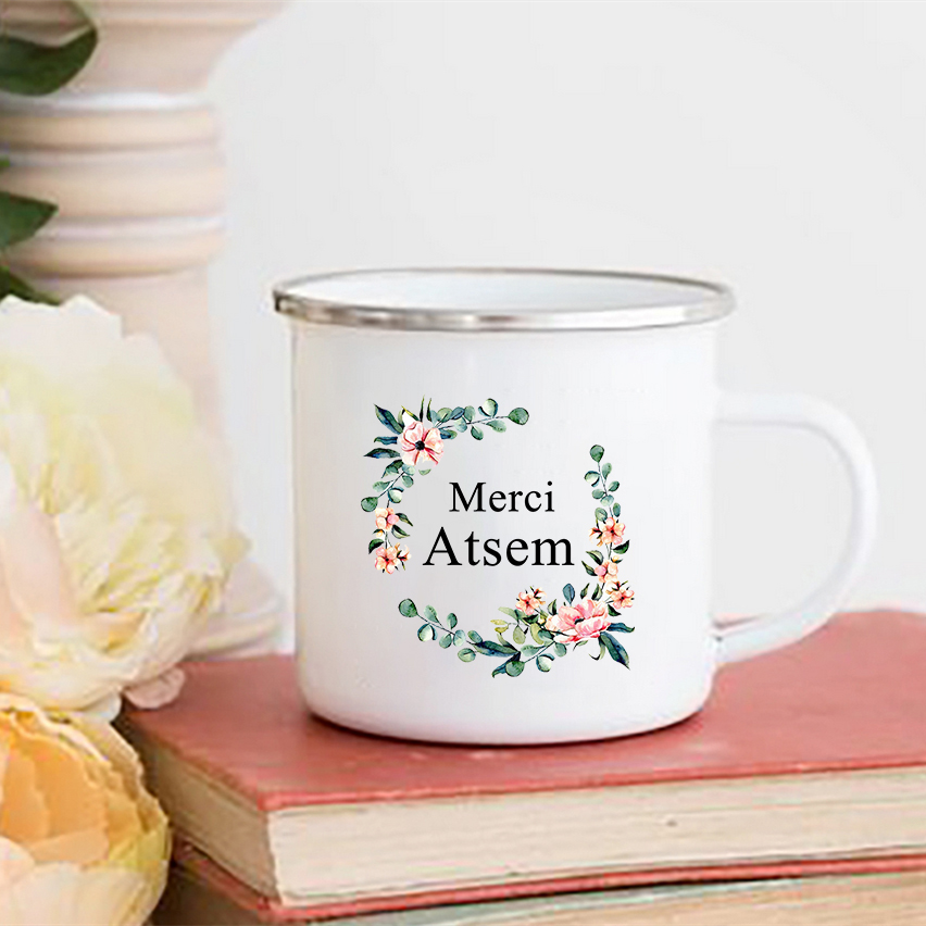 Merci atsem blomma tryck muggar kaffe te koppar drycker vatten mjölk kopp emalj mugg skolhandtag drinkware atsem: Xh10035-a015wh-8