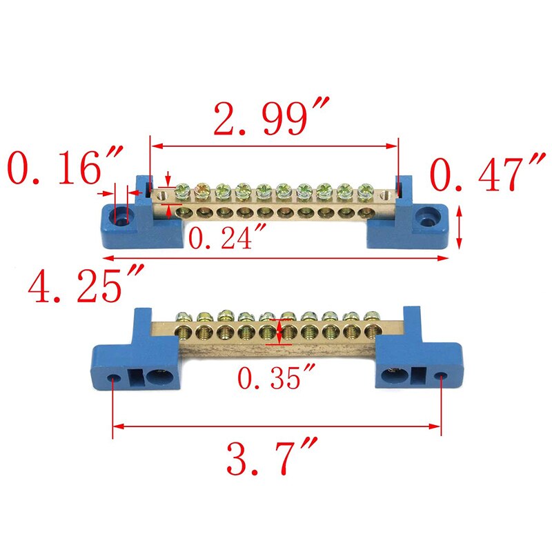 Bloco de terminais azul, barra de terminais, 10 posições, parafuso de bronze, faixa de aterramento, bloco de barra de ônibus, pacote de 5