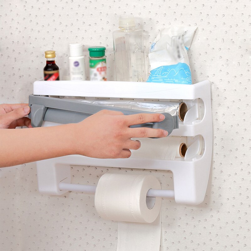 Organizer for Kitchen 4 in1 Wall-Mount Paper Towel Holder Sauce Bottle Storage Film Cutter Tin Foil Rack Kitchen Organization
