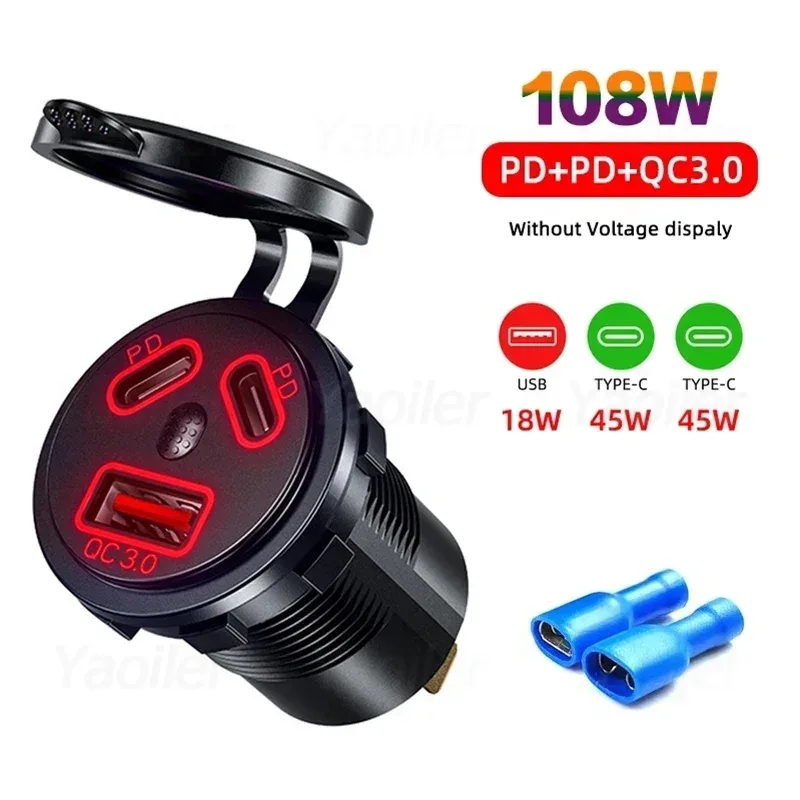 12V/24V USB-Steckdose 108W 3 Häfen Autoladegerät Dual 45W PD Typ C & 18W QC 3.0 USB-Ladegerät für Motorrad-Steckdose Ladeadapter: Orange