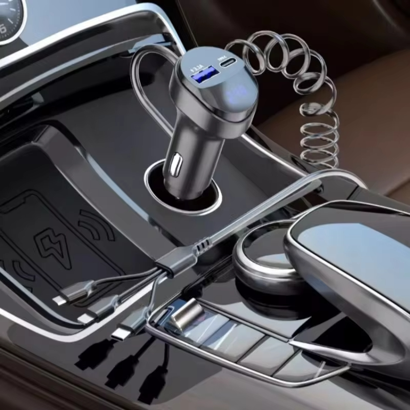 Snel opladen 55W auto multifunctionele 2 poorten USB-autolader Drie-in-één USB intrekbare oplaadkabel met spanningsweergave