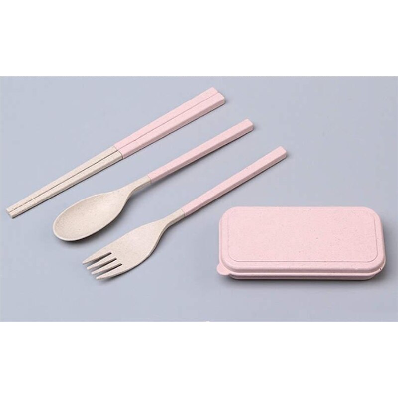 3 in 1 porslin utomhusbestick gaffel/sked/ätpinnar campingredskap bärbar hopfällning av vetehalm med fodral