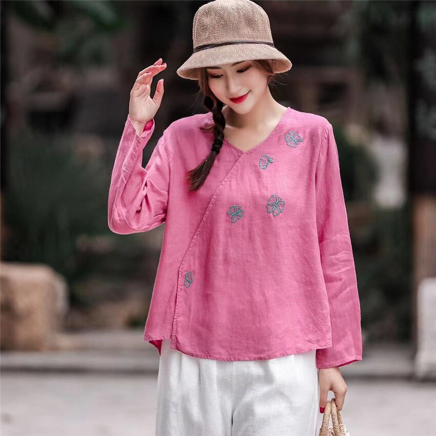 Tops de estilo chino tradicional para mujer, ropa de talla única de lino de Color sólido, camiseta de manga larga con escote en V fino estampado, novedad de