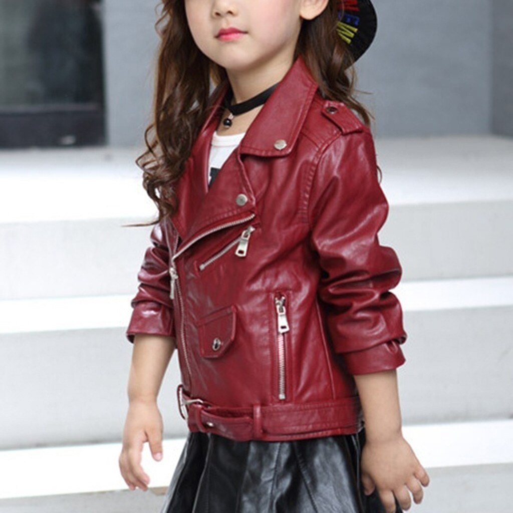 Chaqueta de Pu para niños de primavera y otoño, chaqueta de cuero para motocicleta de Color puro de manga larga, prendas de vestir con cremallera, abrigo fresco para niñas # G30