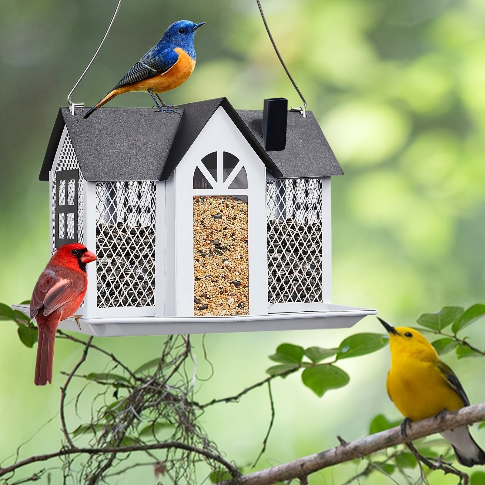 1 stuks wilde vogelvoeder, gebruikt voor het ophangen van buiten, vogelnest metalen gaas wilde vogelvoeder met grote capaciteit: WHITE