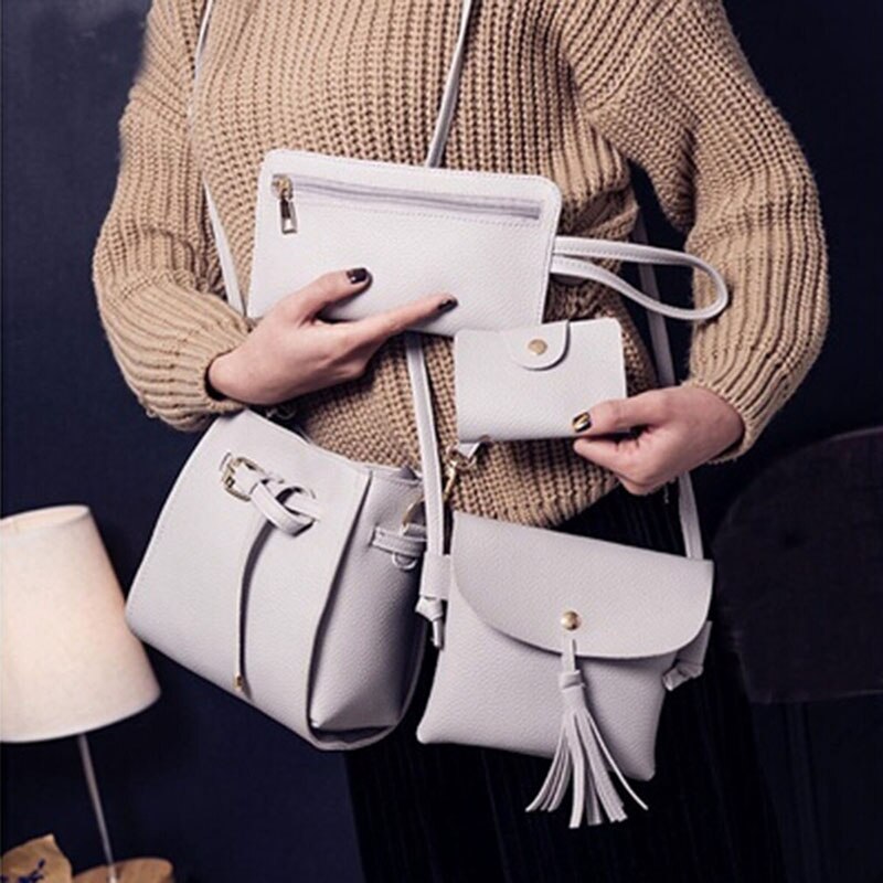 Koreaanse Emmer Kwastje Vrouwen Schoudertas Dames Messenger Handphone Purse Wilde Vier Stuk Moeder En Zoon Pakket: light grey