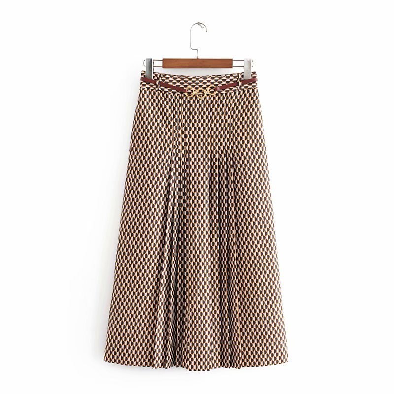 oversized women skirts autumn geometric print midi skirt casual vintage office with belt ladies long skirts: S