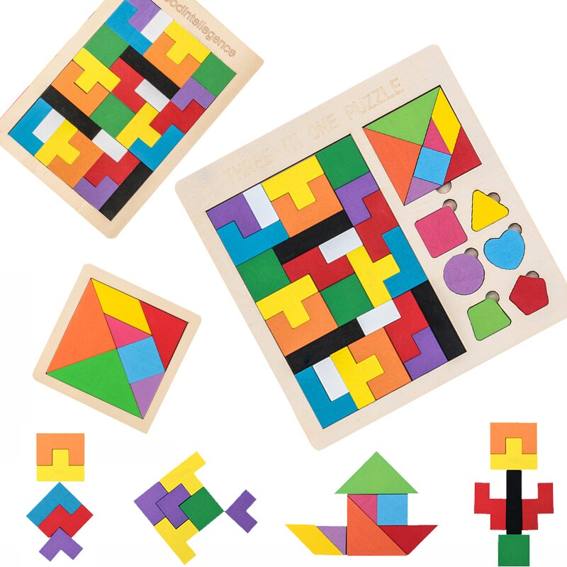 3 em 1 3d quebra-cabeça tangram de madeira crianças pré-escola magination brinquedos de matemática educacional intelectual jogo bloacks para crianças