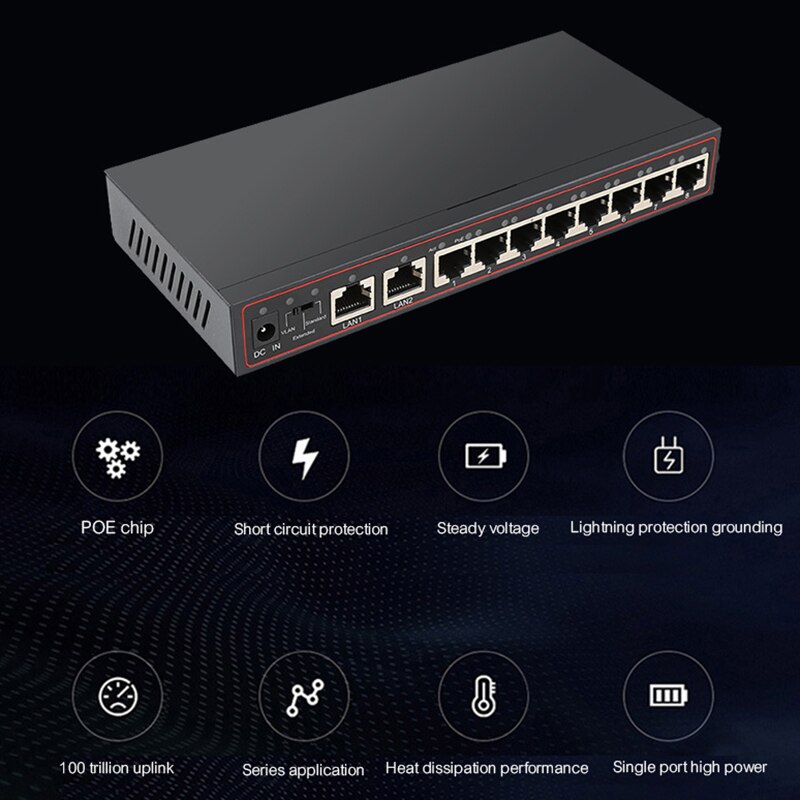 10 puertos 2 + 8 PoE Switch inyector de red Ethernet con 10/100Mbps puertos adecuados para cámara IP/inalámbrico AP/CCTV