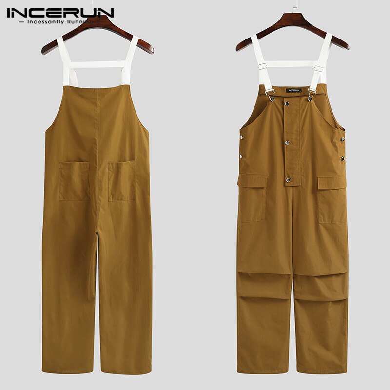 Incerun Mode Mannen Jumpsuit Solid Pockets Joggers Streetwear Knop Bretels Bib Broek Casual Chic Mens Overalls Rompertjes