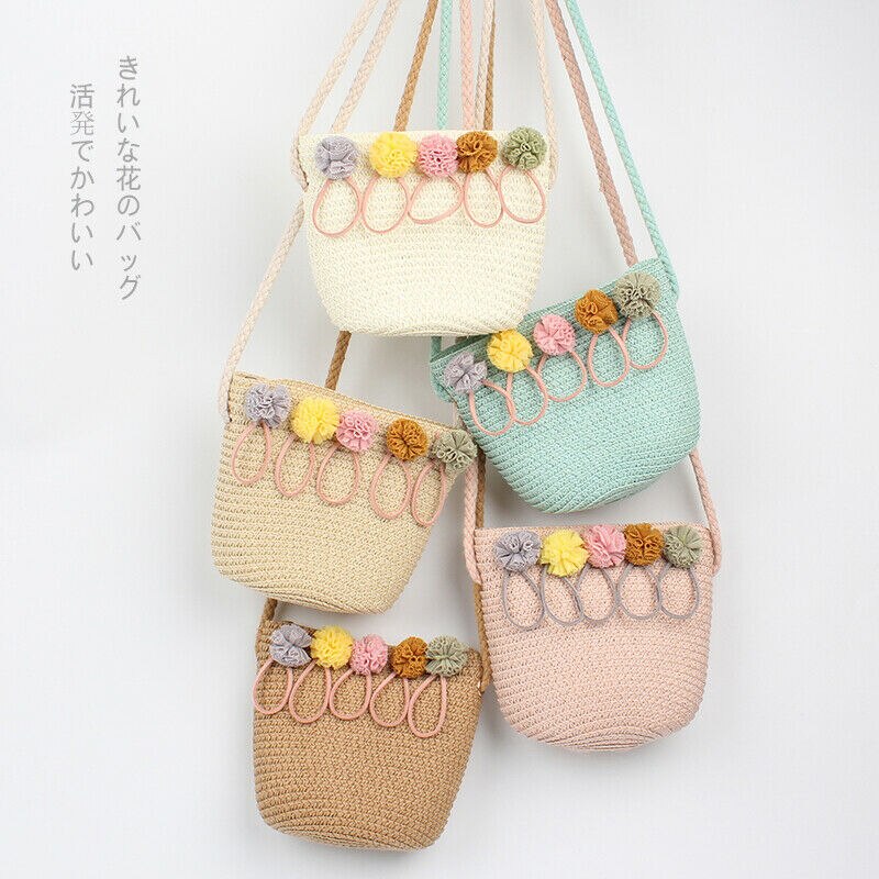 Nyeste baby piger boheme stil rattan strå taske vævet rund håndtaske blomst crossbody messenger tasker strand sommer tasker