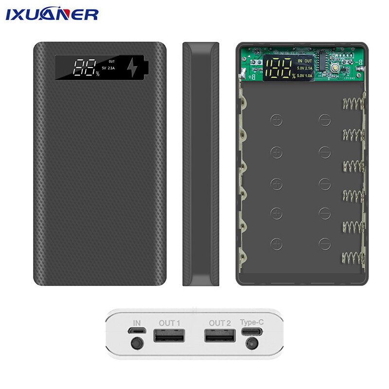 6*18650 Battery Power Bank Shell Charger Box Digital Display Powerbank Shell Portable Power Kit Battery Case Type-c Micro
