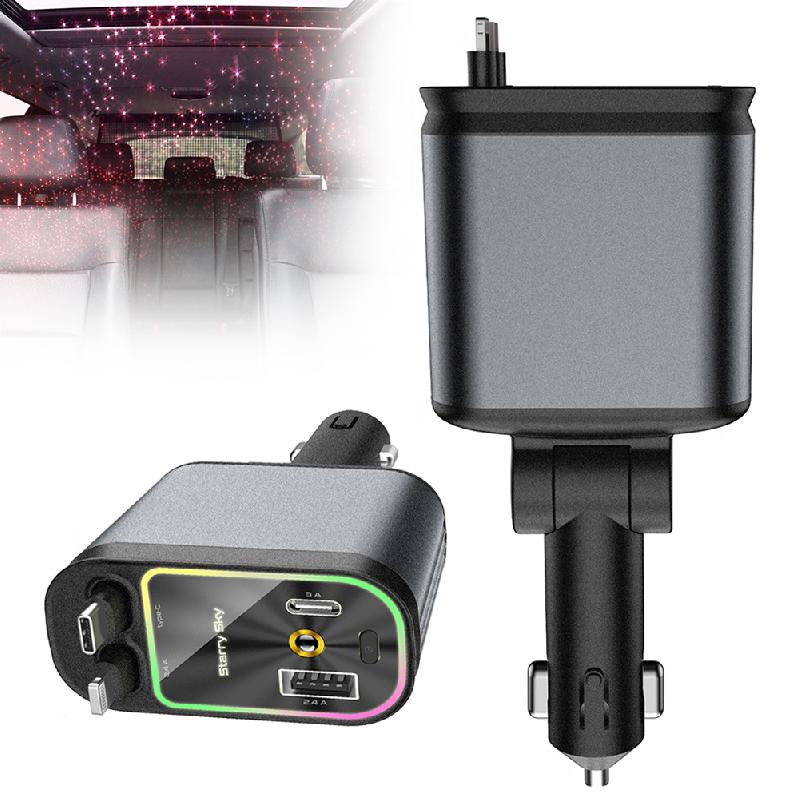 Cargador de coche retráctil 4 en 1: cargador USB C para coche de 120W, adaptador de carga rápida y puerto de carga dual, cargador de teléfono para coche