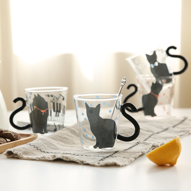 Gato taza de vidrio creativa taza con Gato de dibujos animados taza de agua con mango par de jugo de vidrio taza de jugo de fruta taza de café tipo oficina