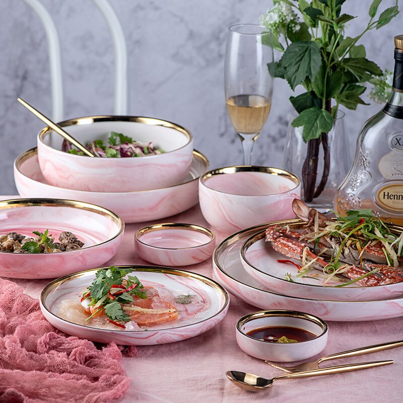 1pc pink phnom penh marmor keramisk service skål tallerken ins ris salat nudler fad suppe ske spisestel sæt