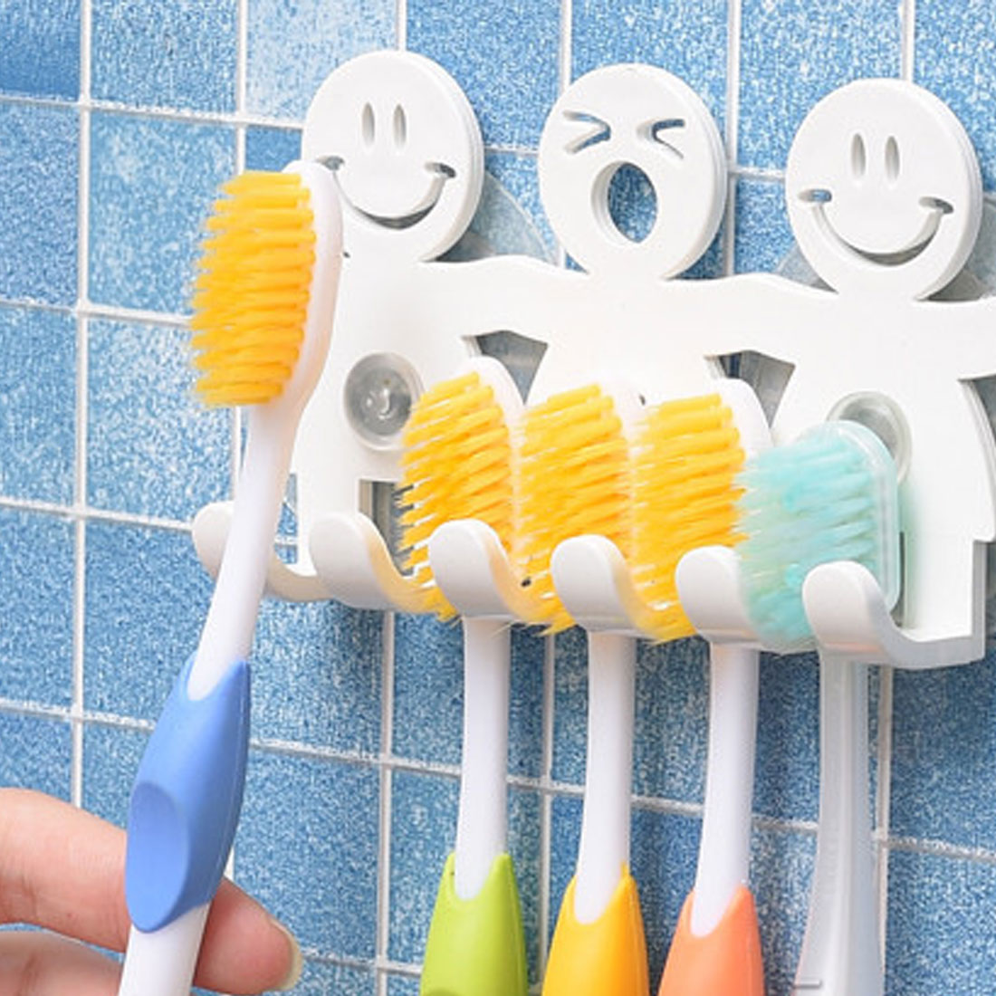 5 Positie Tandenborstel Houder Zuig Haken Badkamer Sets Leuke Glimlach Cartoon Sucker Tandenborstelhouder
