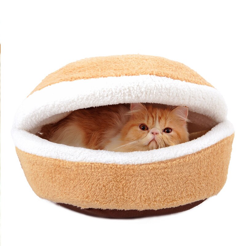 Lit Hamburger en coton pour chat, doux, coupe-vent, amovible, pour animal domestique, sac de couchage, grotte à câlin, petit chien