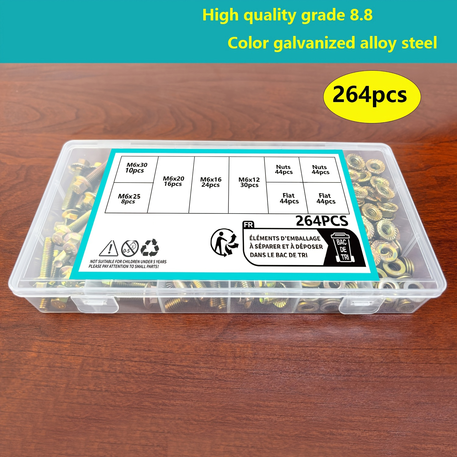 M6-264PCS flange hex head bolt nut washer kit, 8.8 grade alloy steel color galvanized metric flange hex head screw kit