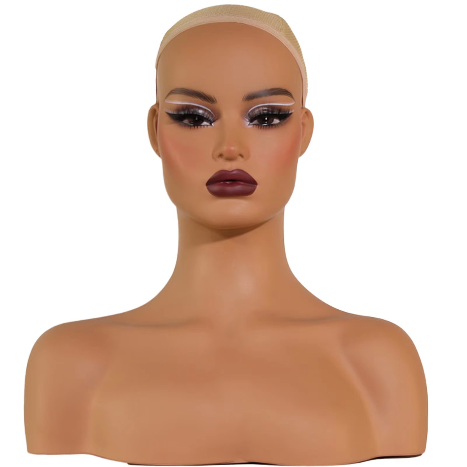 Cabeza de exhibición de pelucas de cara cuadrada, cabeza de maniquí realista con hombros, cabeza llena de espuma de Pvc con sombra de ojos, orificios para las orejas, pestañas: Caqui