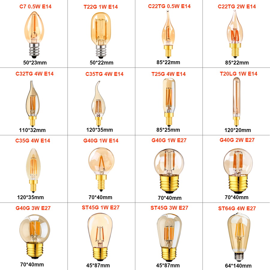 E14 E27 Led Dimmable Lamp 220V Gold Tubular Chandelier Night Lamp 0.5W 1W 2W 3W 4W 6W 8W 2200K Vintage LED Filament Light Bulbs