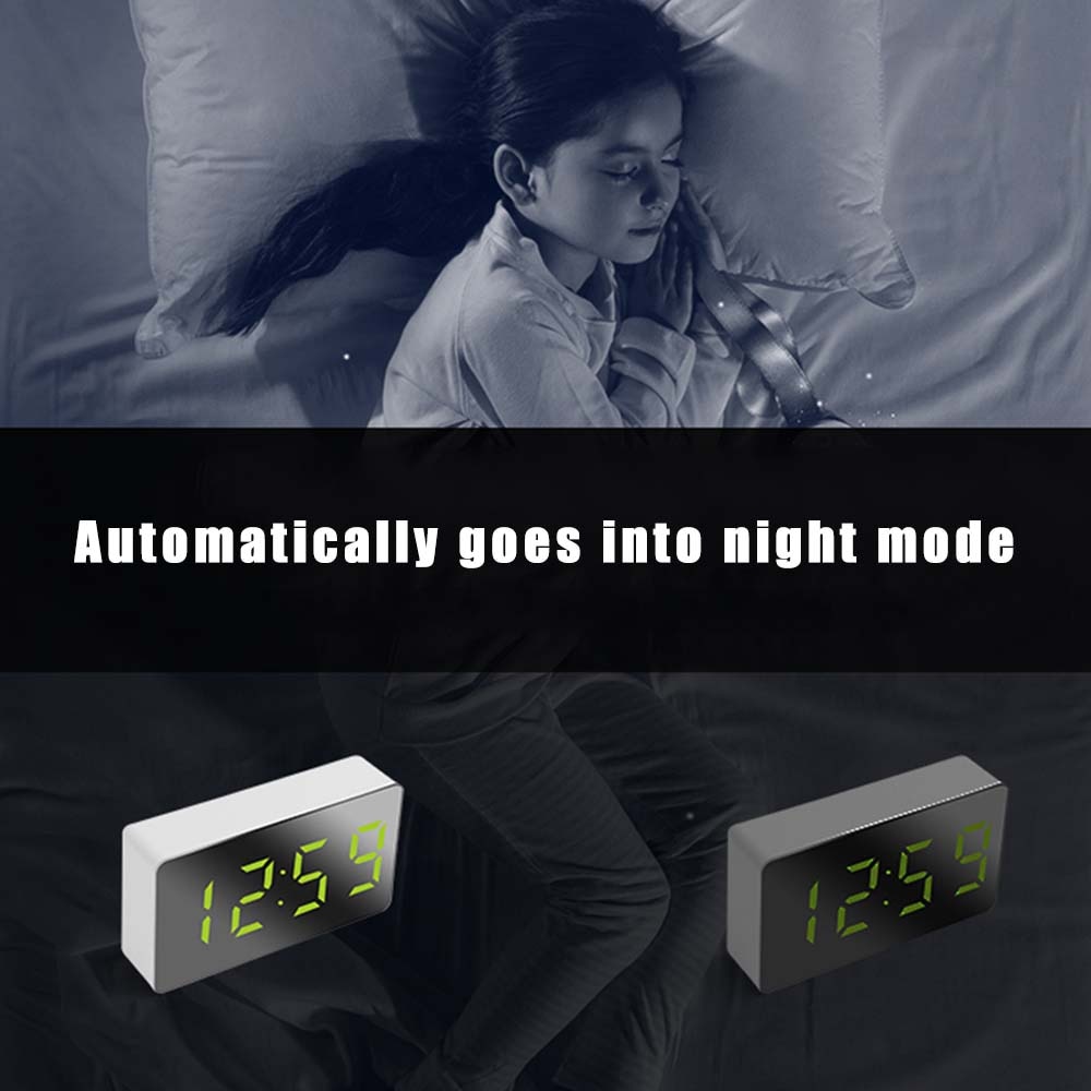 Alarma Digital de reloj con espejo y luz LED, posponer y visualización de hora nocturna, multifuncional, LCD, mesa de luz, escritorio, USB, 5v, sin batería, decoración del hogar