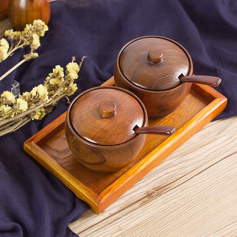 Wooden Condiment Container Seasoning Box Set Condiment Canisters Pots with Wooden Spoon Lid and Base,Secure Durable Organization