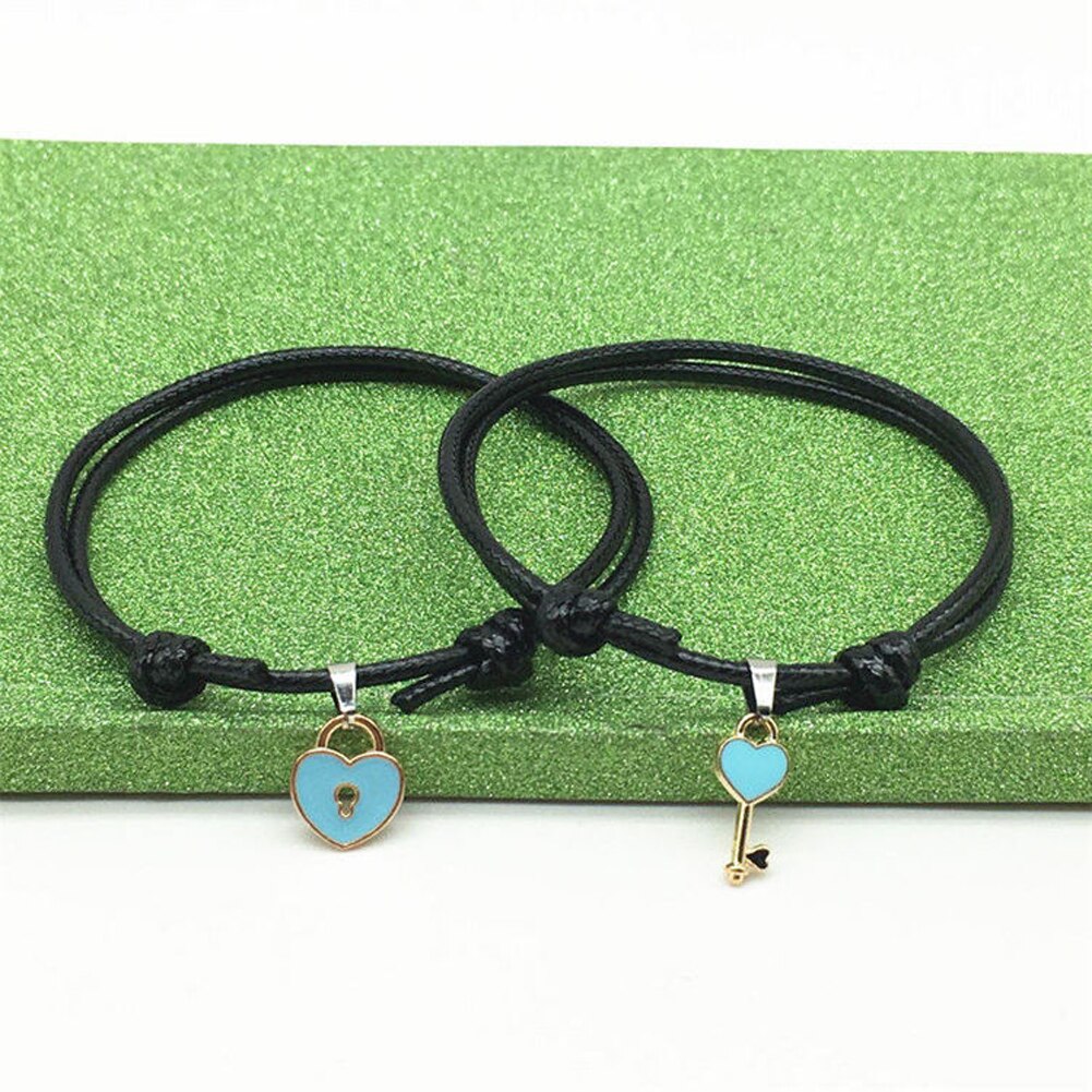 1 par nova chegada casal pulseira liga chave coração bloqueio charme pulseira artesanal jóias corda amantes presentes para as mulheres: Azul