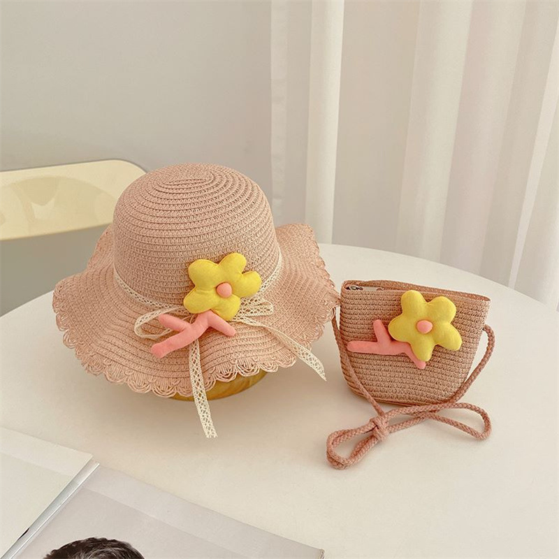 2024 neue Sommer Mädchen Strohhut Set Handtasche neue Blume Sonnenhut Strohhut Sonnenhut Kinder Mädchen Baby Strohhut Sombrero Sunset
