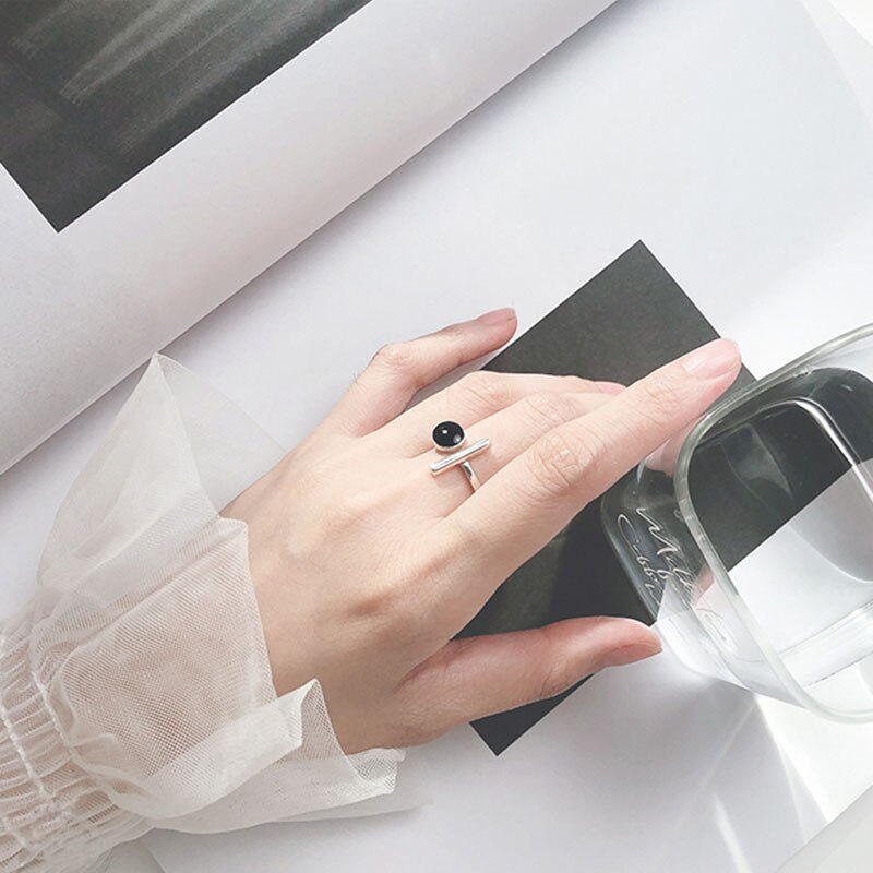 INZATT réel 925% en argent Sterling noir rond réglable anneau pour la femmes fête Fine bijoux minimaliste accessoires