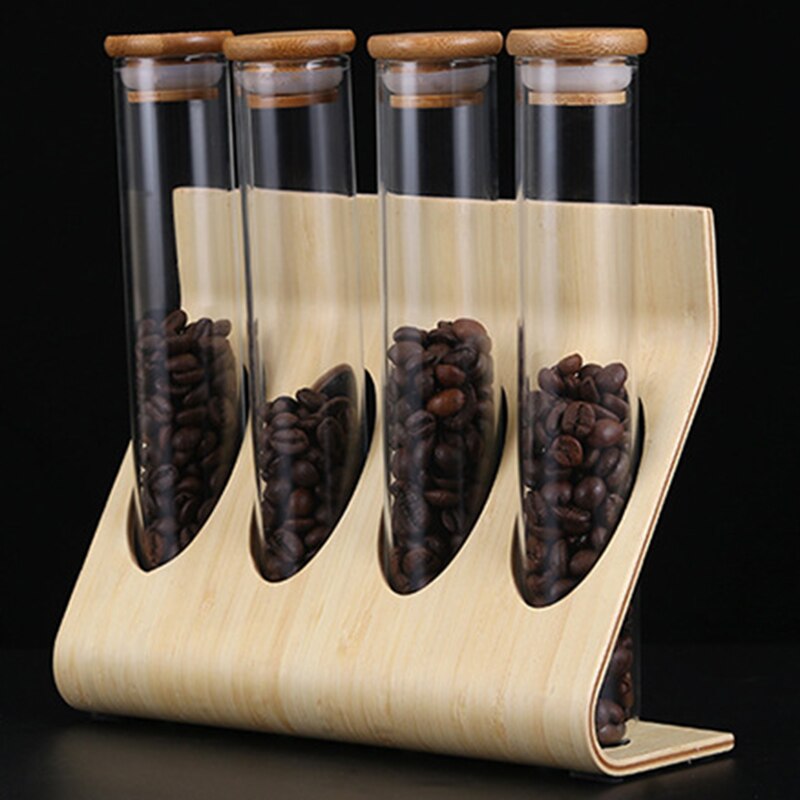 Wooden Coffee Beans Tea Display Rack Stand Glass Test Tube Sealed Storage Decorative Ornaments Cereals Canister for Barista