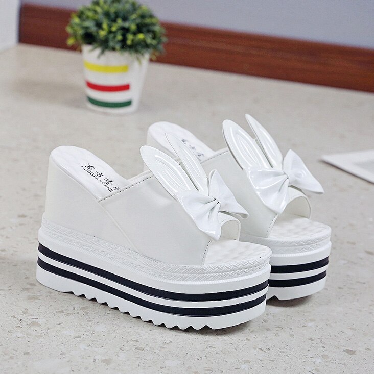 Sommer kvinder sko høj hæl 12cm platform hjemmesko afslappet udhulede sko damer kiler strandsandaler kvinder klipklapper: Hvid / 7