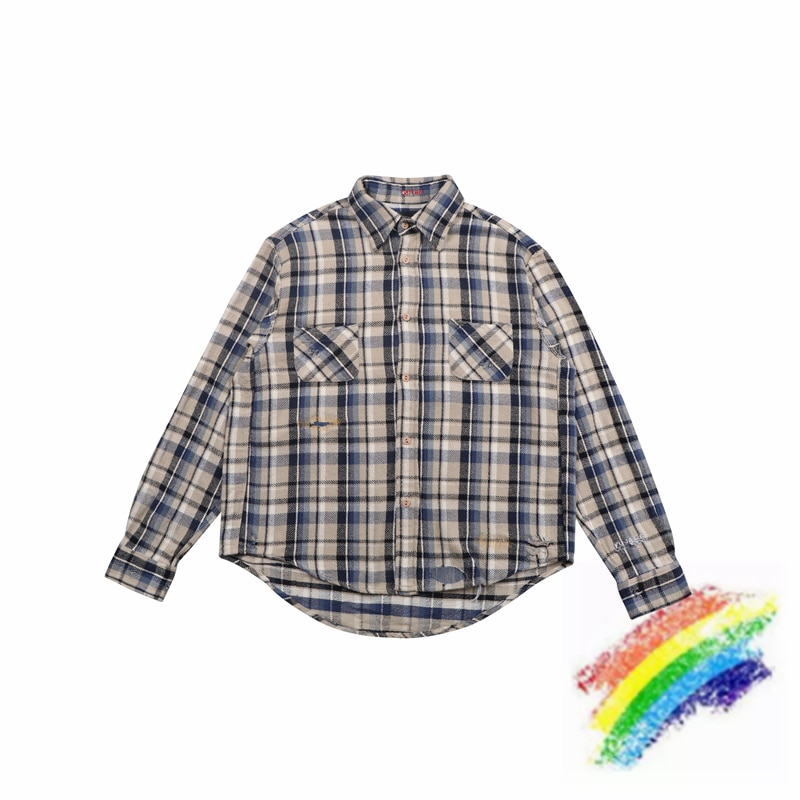 Oversized Plaid VUJADE kenijima Shirts Men Women 1:1 Destroy Plaid Shirt Flannel VUJADE Pocket Blouse