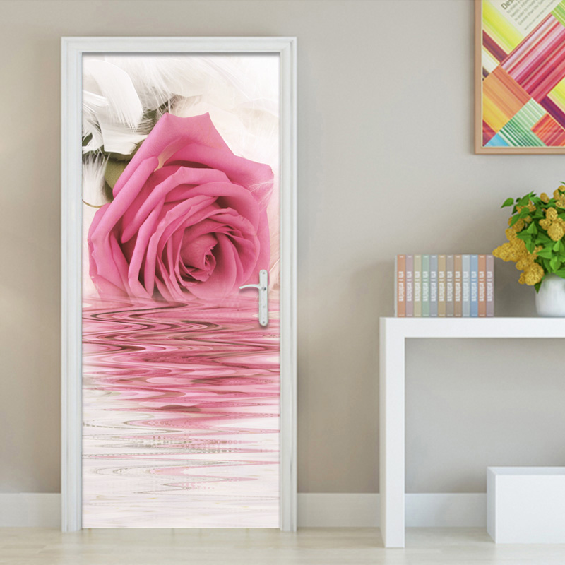 Living Room Pink Rose Flower Door Sticker PVC Waterproof Self-adhesive Bedroom Bathroom Door Mural Poster Wall Papers Home Decor