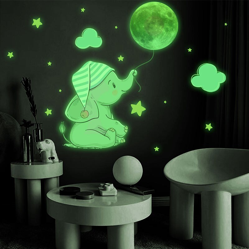 Baby Elephant Luminous Wall Sticker Home Decoration Accessories Kawaii Room Decor Wallpaper Glow In The Night Bedroom Decals
