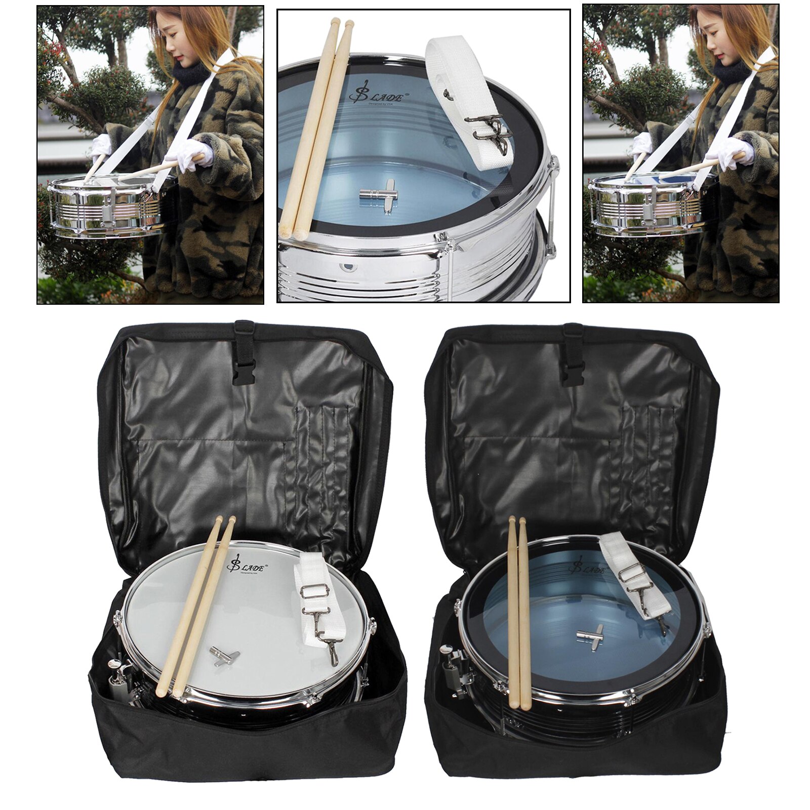 Snare Drum 14" Stailess Steel Chrome Percussion W/ Drumsticks with Bag