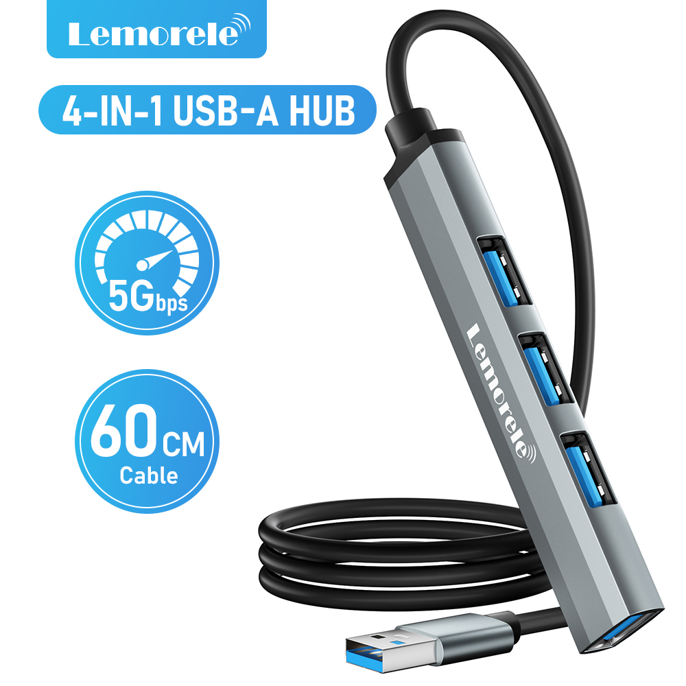 Lemorele 120cm 4Ports USB HUB OTG USB A 3.0 Adapter Multi Splitter Adapter Akcesoria do laptopów Xiaomi Lenovo Macbook Pro: Srebrny